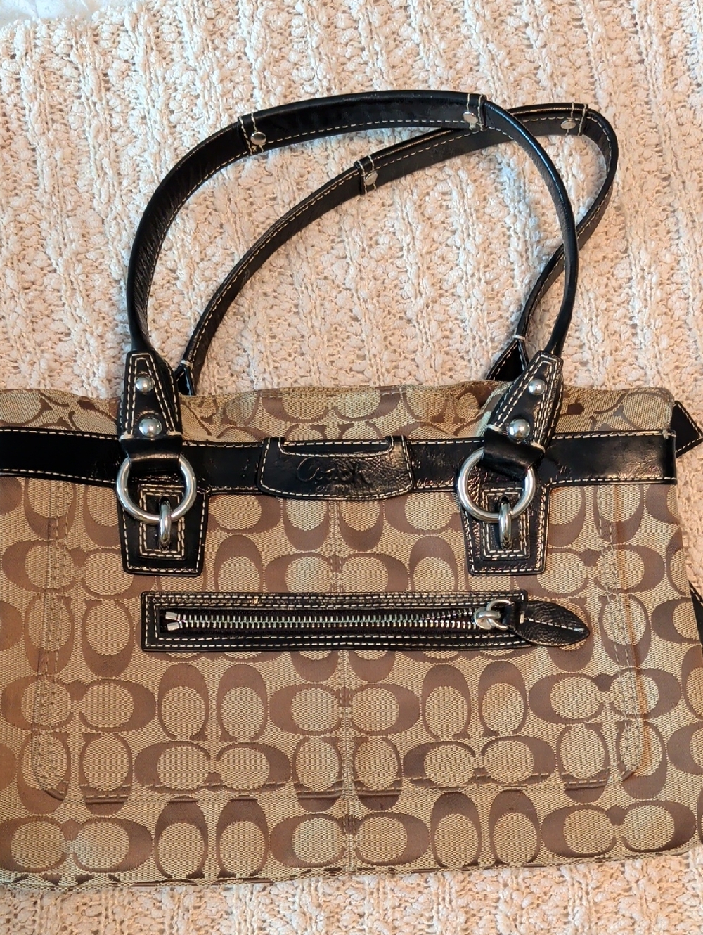 Vintage Coach Brown Khaki Signature Canvas Tote with Black Trim